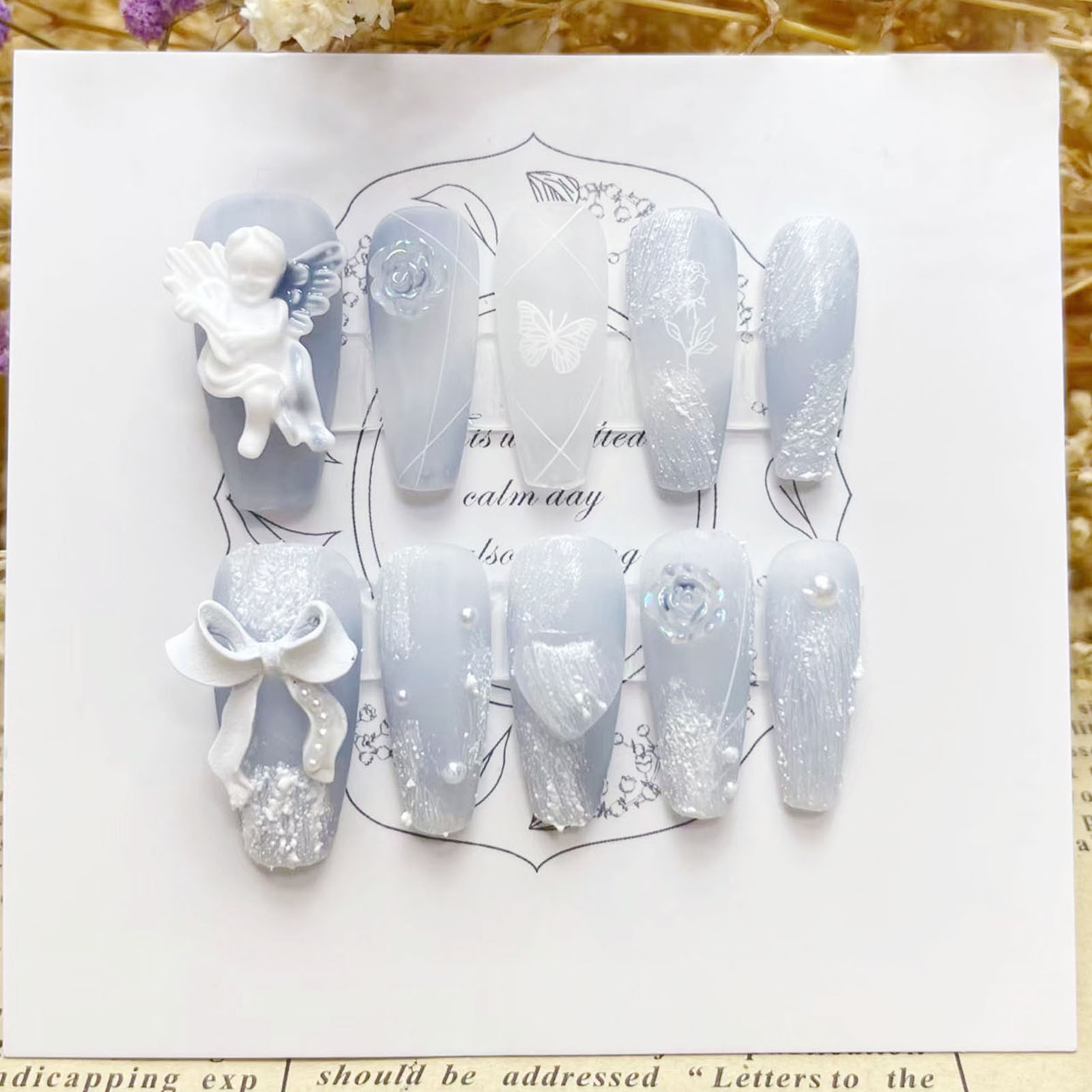Nail Art Press On - 3D-Gips-Engel-Kunstnägel, glänzend, Dunstblau, handgefertigt, zum Aufdrücken
